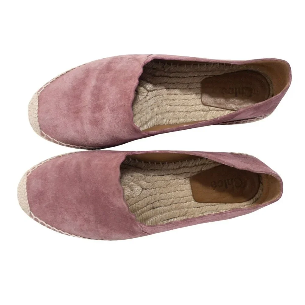 Chloe Scalloped Pink Suede Espadrilles Slip-On Flats Size 9 - Picture 1 of 16